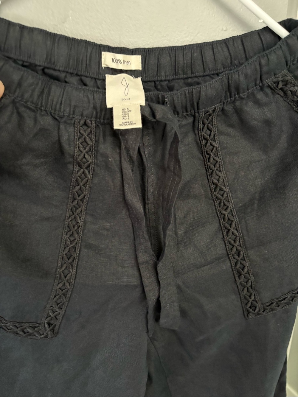 Joie Black Linen Drawstring Pants with Braided Trim